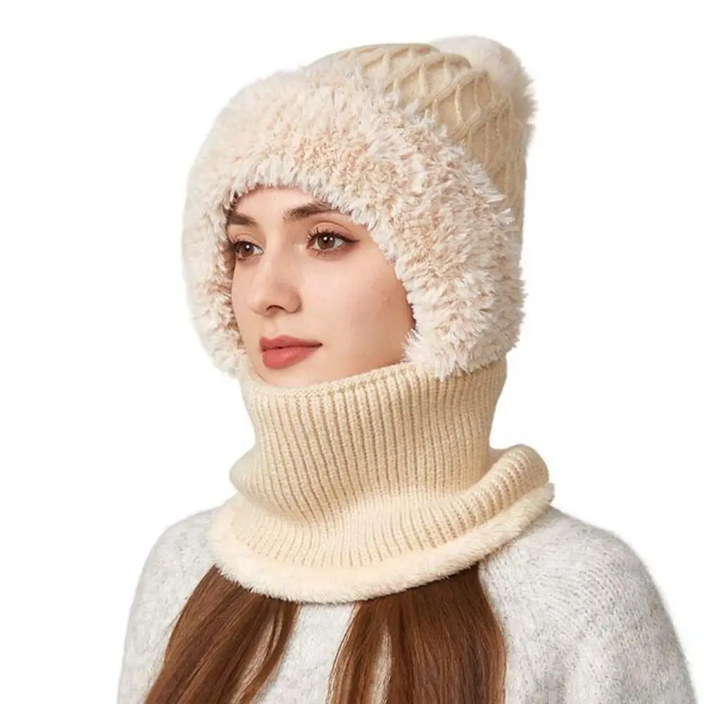 مجموعة قناع قبعة شتوية قطيفة غير رسمية بلون سادة وسميكة ودافئة 2 في 1 وشاح قبعة وواقي للرقبة لحماية الأذن قبعة بالاكلافا في الهواء الطلق