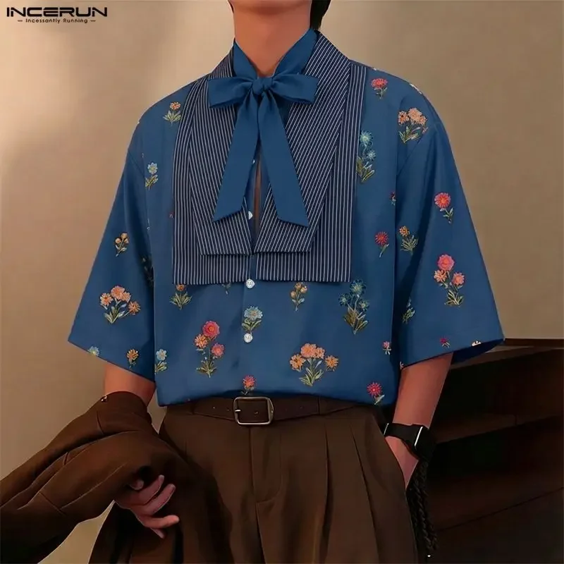 INCERUN Men Shirt Flower Printing Patchwork Lace Up 3/4 Sleeve V Neck Tie Up Male Tops Streetwear Loose 2026 Casual Men Clothing