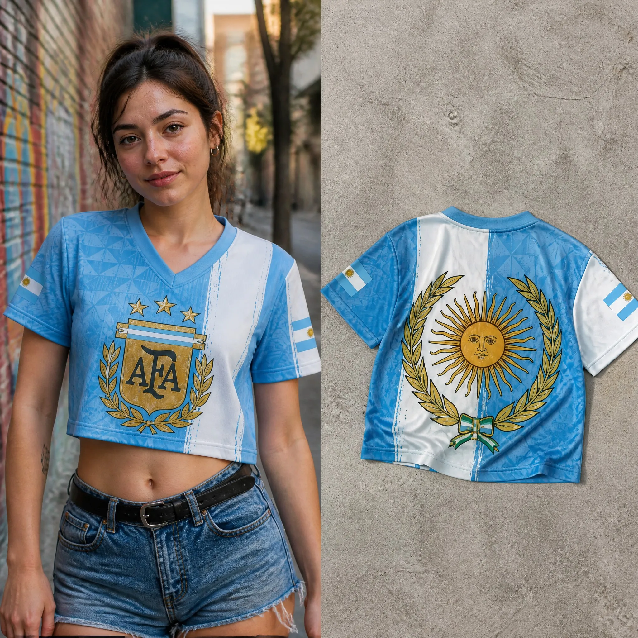 Womens Argentina V Neck Crop T Shirt Sky Blue White Sun Laurel Crest Graphic Short Sleeve Casual Streetwear Top Summer Style Top