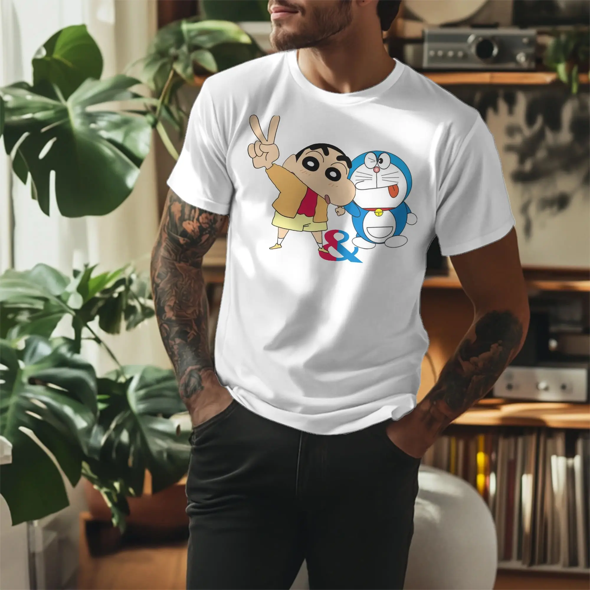 Crayon Shin-chan Tshirt Men Cotton Tops Novelty Doraemon O-neck Short Sleeve