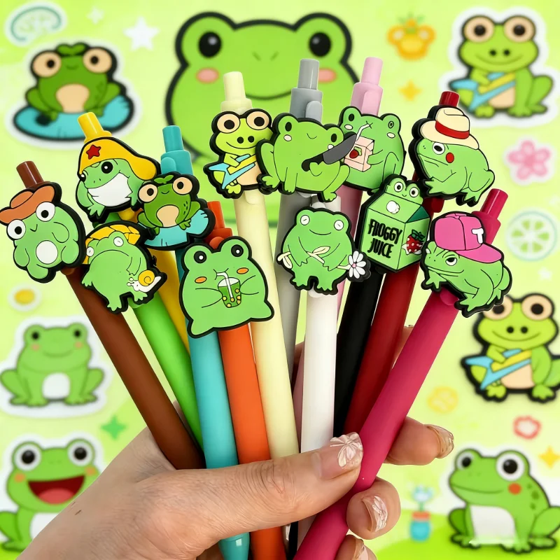 

6/12/18pcs creative and minimalist frog family-themed retractable ballpoint pen, campus design, green small frog series