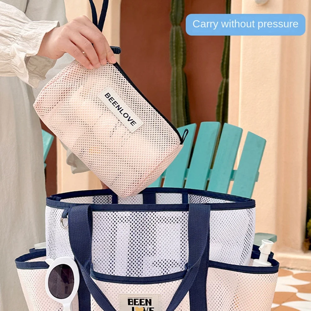 Portable Large Capacity Beach Mesh Bag Handheld Lightweight Cosmetic Zipper Pouch Space-Saving Breathable Mesh Makeup Bag Women