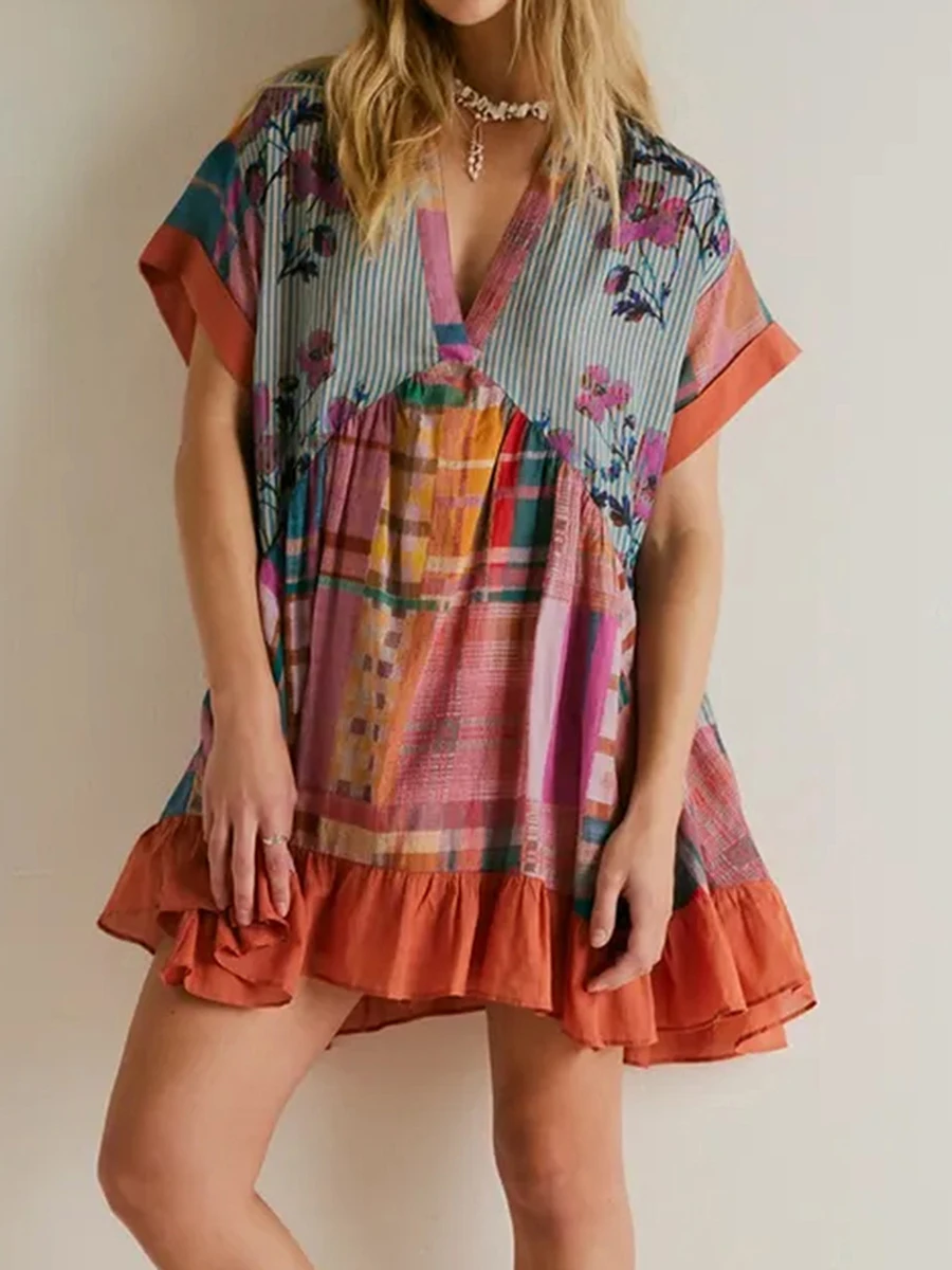 

New Women'S Summer Loose Doll Dress Bohemian Flower Print Short Sleeved V-Neck Flower Dress With Pockets Casual Dress