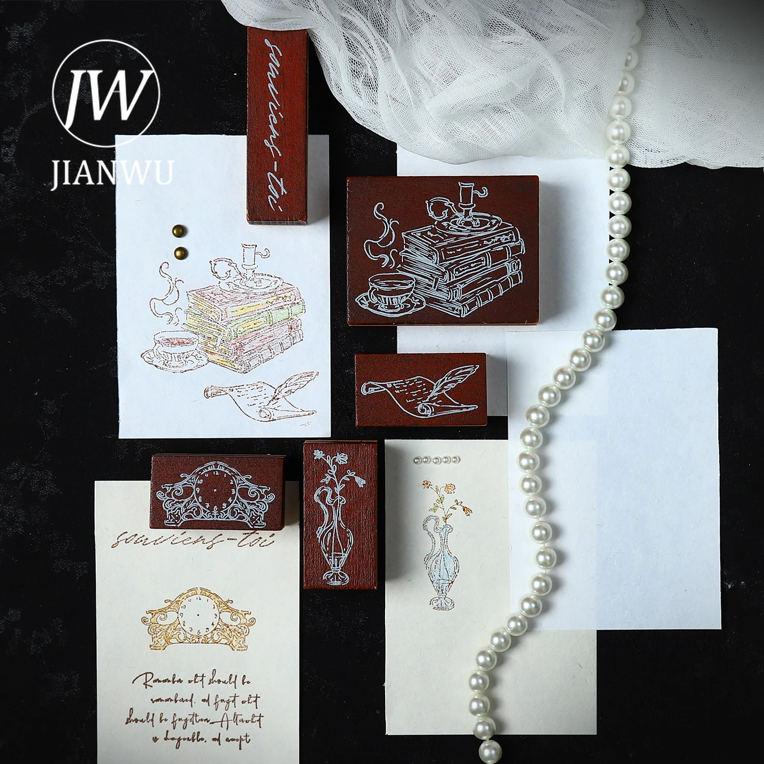 JIANWU الثمينة اليسار على سلسلة الورق ساعة خمر أريكة زهرة المشهد الكولاج ختم خشبي الإبداعية DIY مجلة القرطاسية #2