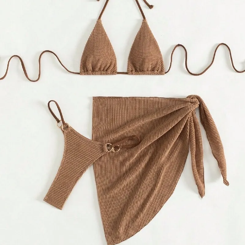 

Sexy Brown Bikini Set 2025 Women Halter Push Up Bra Skirt 3 Piece Swimsuit Summer Bathing Suit Cover Up Thong Swimwear Biquini