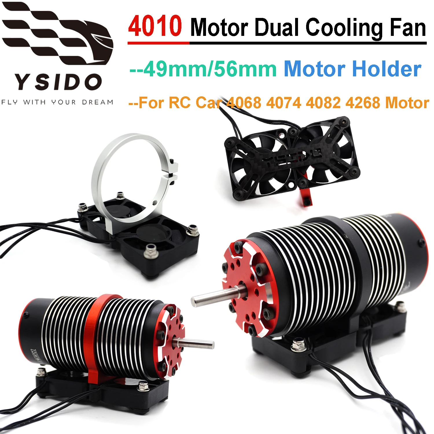YSIDO RC Motor Schnelllüfter 4010 Kühlkörper 49 mm 56 mm Halter verstellbare Halterung für 1/8 Traxxas ARRMA Rennwagen 40–42 mm Motor