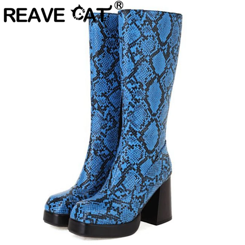 REAVE CAT Platform Mid-Calf Boots Toe Chunky Heels Snakeskin Leather Big Size 32-48 Blue S2753