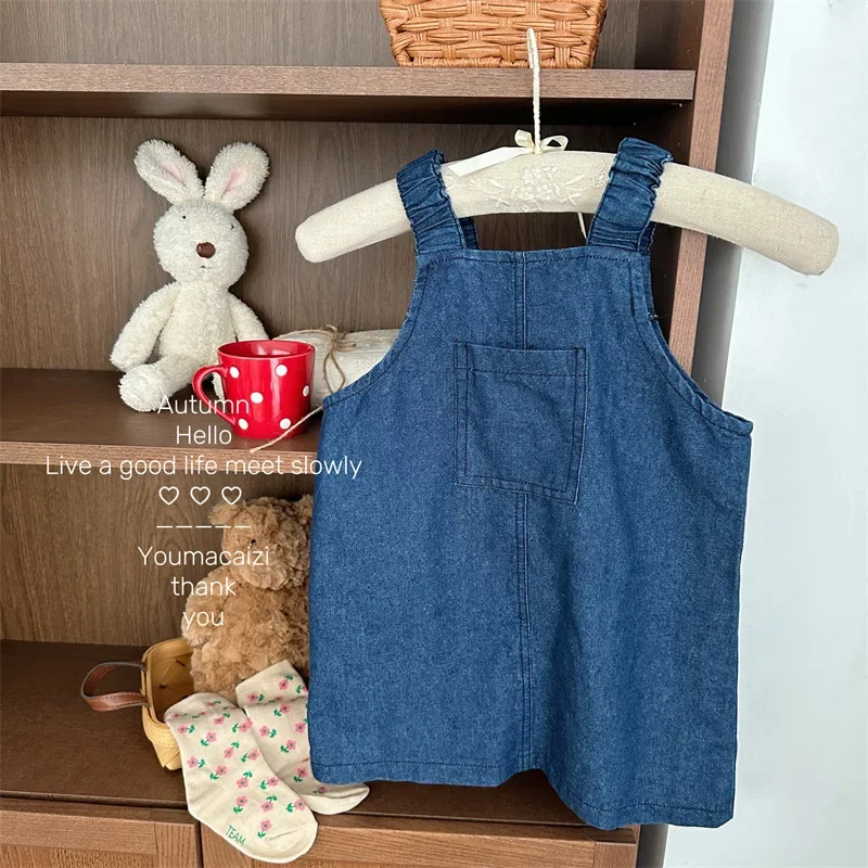 Korean Style Autumn Baby Girls Jeans Blue Sleeveless Square Collar Kids Overalls Knee Length Casual Dresses