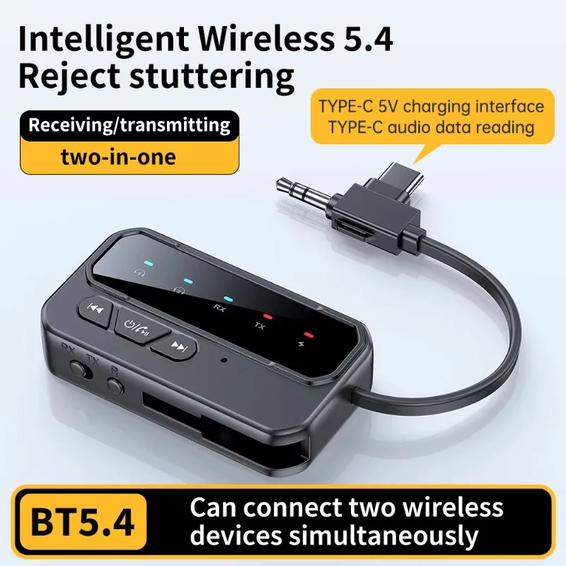 New Bluetooth 5.4 Transmitter Receiver Support 2 Headphones iPhone AUX Wireless Audio Adapter for Car Airplane PC Gym Switch