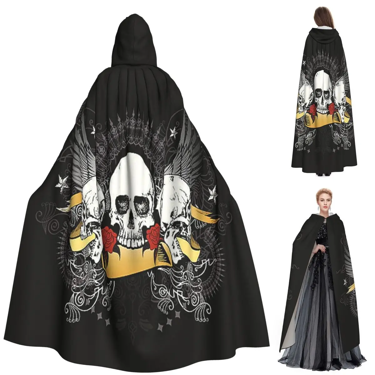 เสื้อคลุมยาวมีฮู้ดลายหัวกะโหลกสำหรับวันแห่งความตาย ชุดแม่มดยุคกลาง คอสเพลย์ ผ้าคลุมฮาโลวีน สำหรับผู้ใหญ่ ทุกเพศ