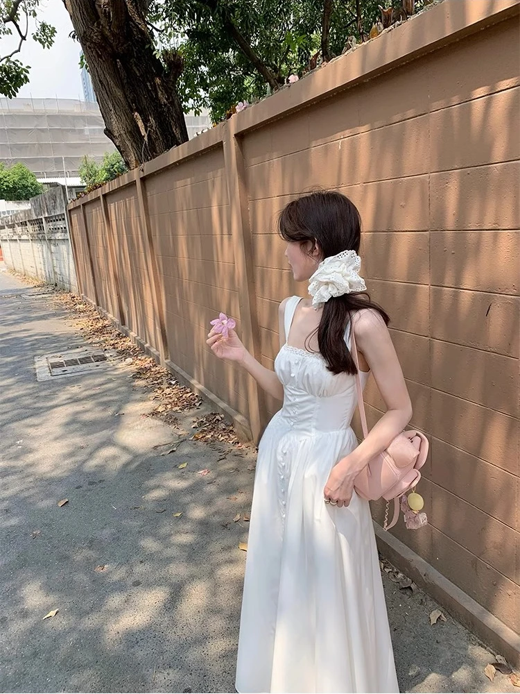 Elegant Vintage Floral Midi Dress Women Beach Style Strap Dress Even Party Korean Fashion Clothing Y2k 2000s Bodycon Slim Summer