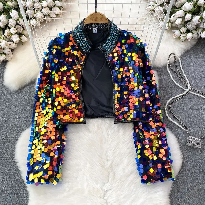 Within 60kg Autumn Winter Black Glossy Sequin Women's Jackets Top Long Sleeve Plus Size Shiny Party Club Pullovers