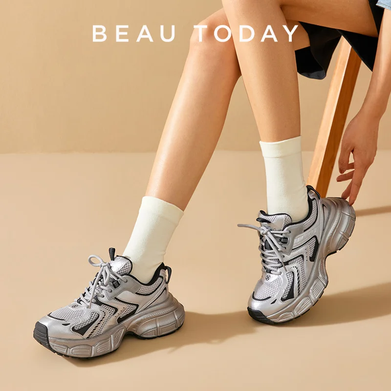 BEAUTODAY Chunky Sneakers Women  Breathable Mesh Solid Color Lace-up Thick Sole Casual Spring Female Sports Shoes Handmade 29A01