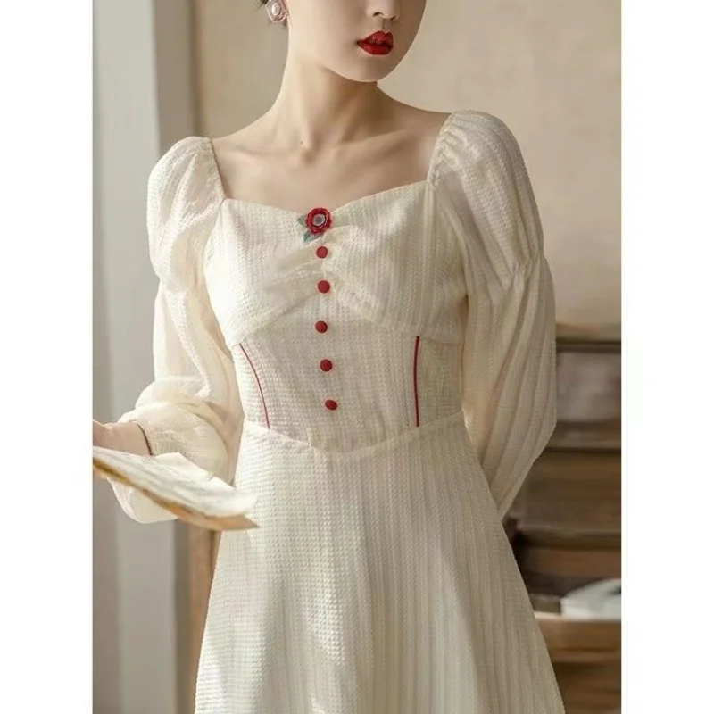 

Literary Vintage Fashion Temperament Long Sleeve Square Neck Dress Women Autumn New Button Zipper Patchwork French Long Dresses