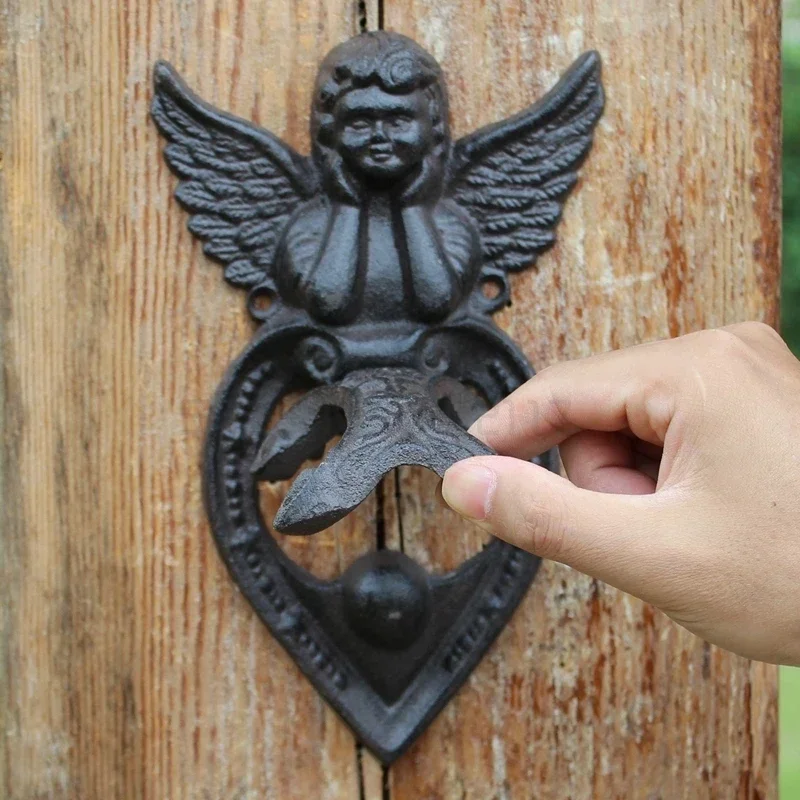 Antique Winged Angel Cast Iron Door Knocker Vintage Cherub Doorknocker Decorative Gate Ornament for Classic Homes