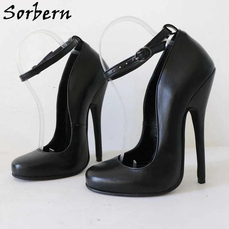 Sorbern 16Cm High Arch Pump Shoes For Women Stilettos Ankle Straps Round Toe Genuine Leather Burlesque Heel