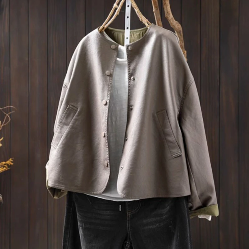 Damskie kurtki z długim rękawem, codzienne, nowości na jesień 2025, prosty styl, dekolt okrągły, jednolity kolor, skóra PU, odzież wierzchnia, płaszcze damskie T743