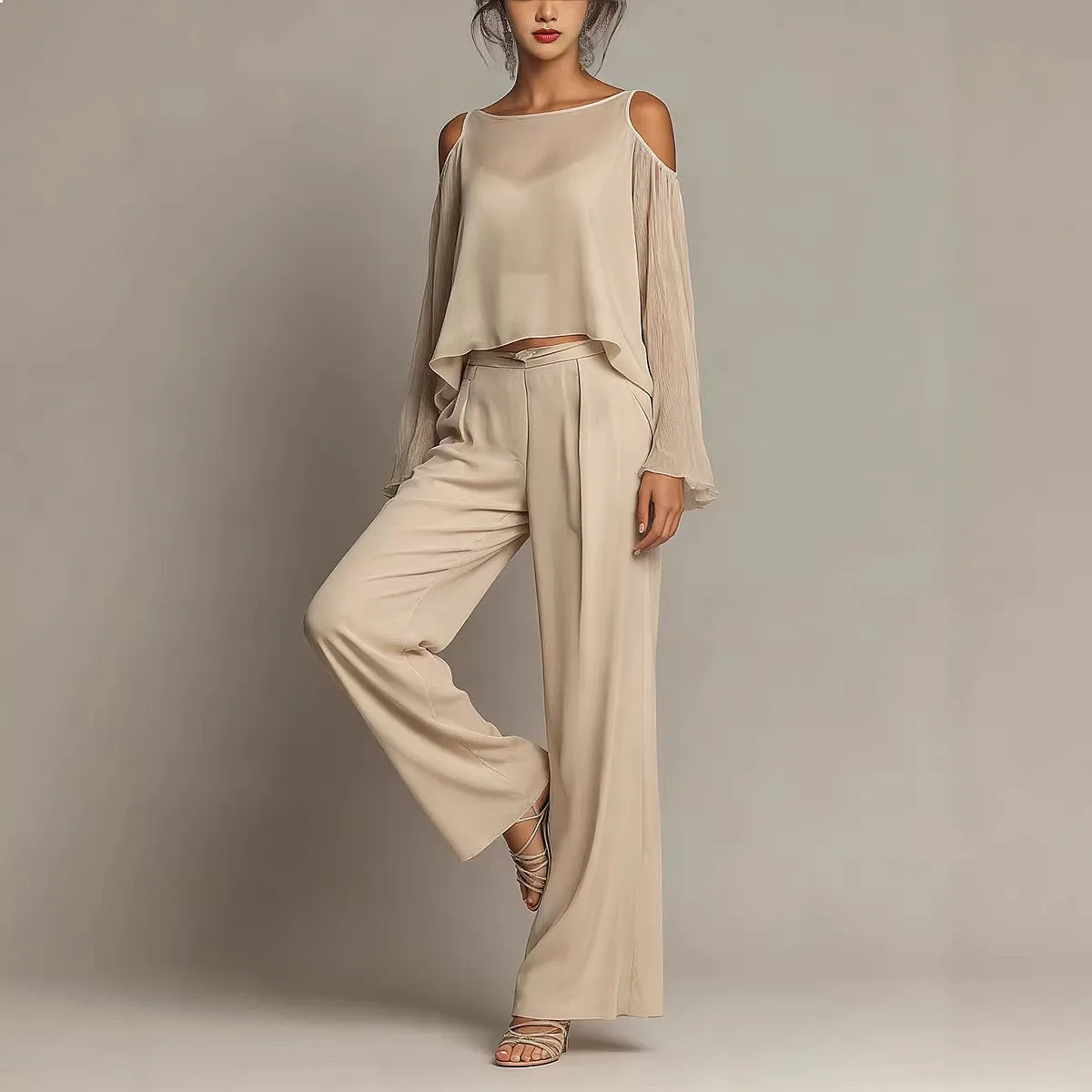 Women's Off Shoulder Crop Top Wide Leg Pants Matching Set Solid Color Lounge Tops Jumpsuit