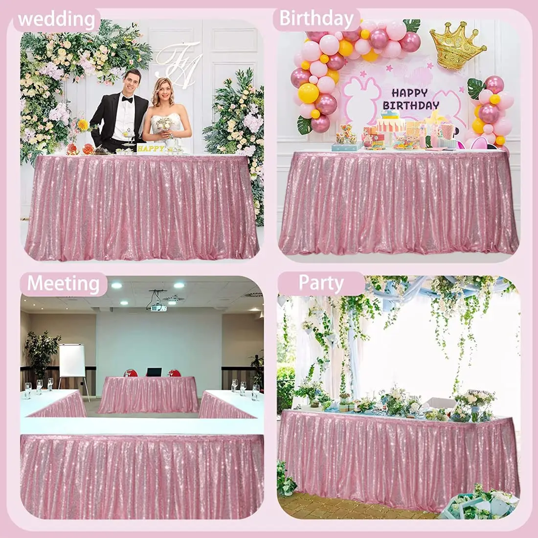 Sequin Table Skirt, Pink Table Skirts Wavy Ruffle Sparkly Table Cover Skirt for Tables Bridal Shower Birthday Party Display