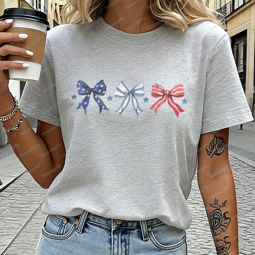

American Flag Bow Shirt Patriotic Coquette Casual Cotton Tee Independence Day 4th of July Tops Classic Fashion Clothes for Women