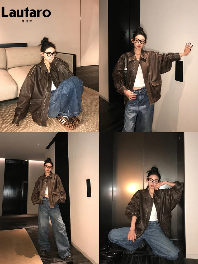 Lautaro Wiosna Jesień Cool Handsome Retro Oversized Distressed Brown Miękkie kurtki ze sztucznej skóry dla kobiet Zipper Runway Fashion