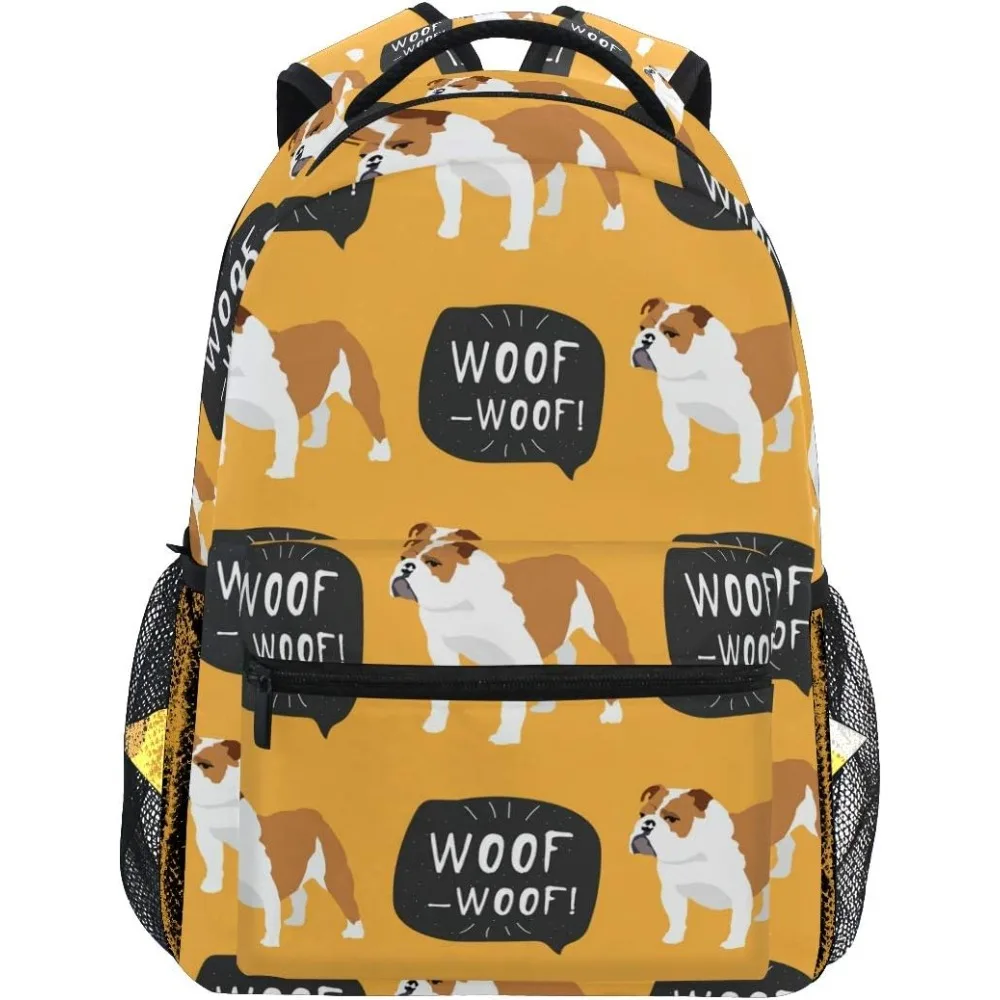 

Bulldog WOOF Print Backpack, Cartoon Bulldog & Speech Bubble Design, Fun School Bag, Suitable for Pet Lovers