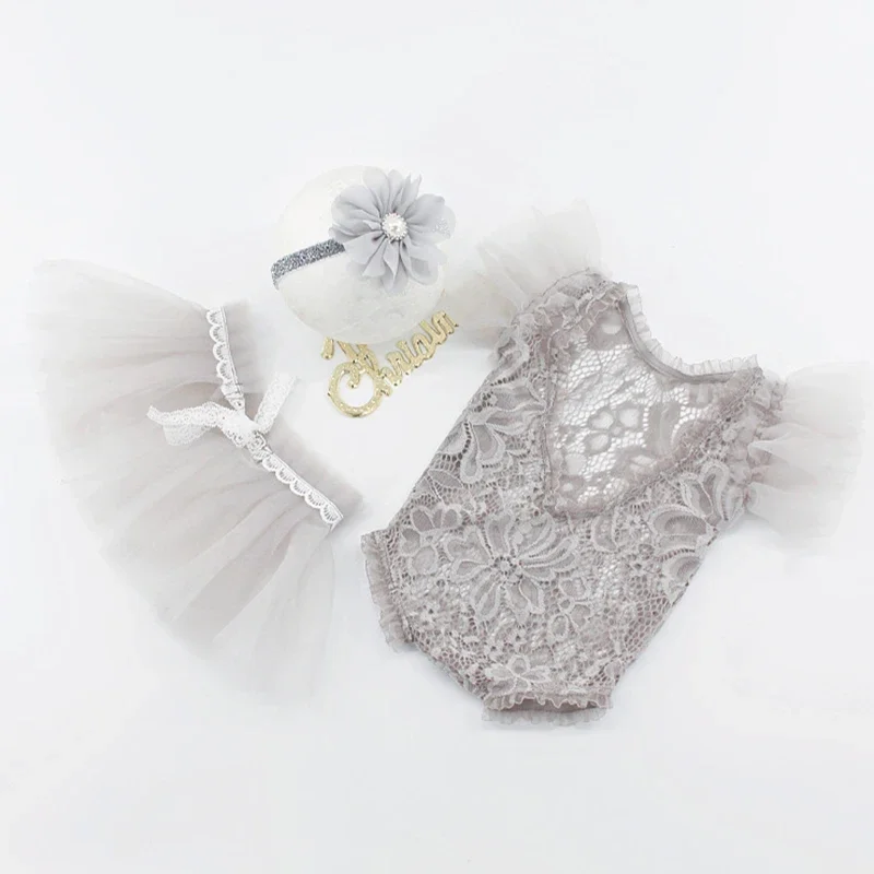 Baby Girl Princess Lace Romper Tulle Skirt for Photography Newborn Photo Props Costumes Outfit Flower Headband Gray