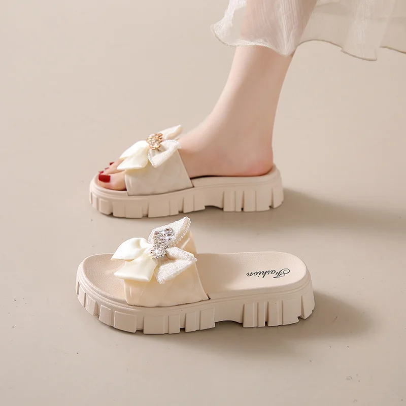 Zomer Slippers Vrouwen Strik Strand Glijbanen Dikker Sandalen Flat Eva Home Schoenen Flip-Flop Mode Casual Sweet Girl Platform Schoenen