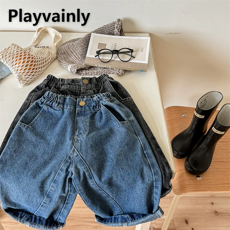 

Корейский стиль, детские модные базовые джинсы, синие, черные, с эластичной резинкой на талии, свободные прямые брюки, детские джинсовые брюки для девочек A5516