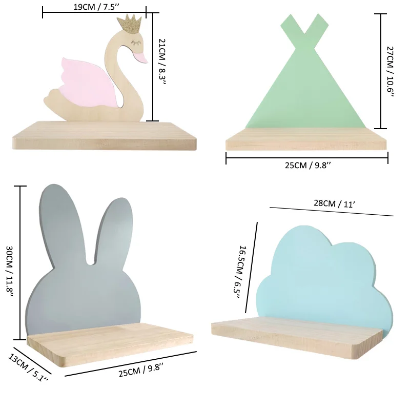 Nordic Style Wooden Wall Shelf Baby Kids Room Decoration Lovely Rabbits Bear Storage Rack Floating Shelves Home Decor Organizer