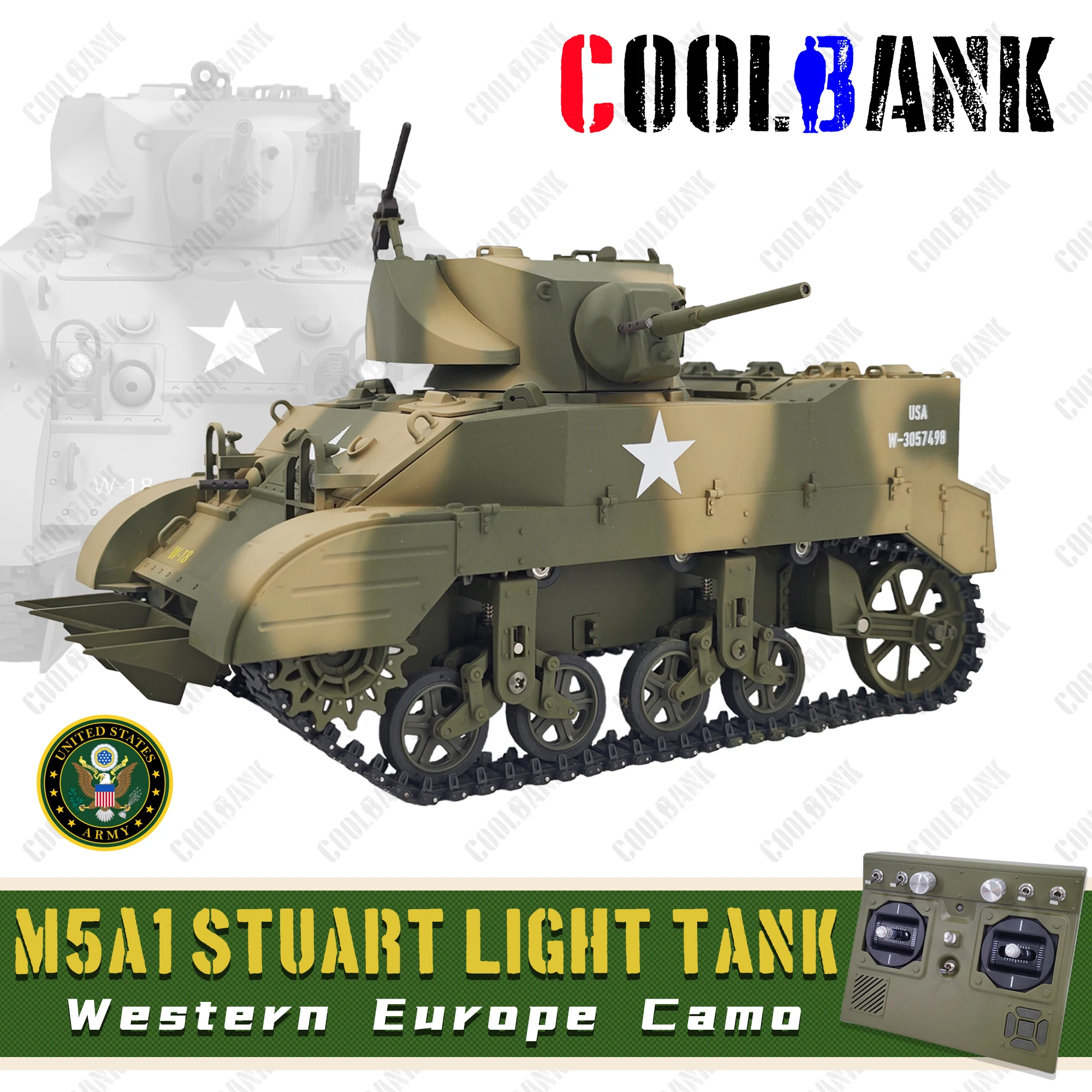 クールバンク 1/16 2.4Gリモートコントロール軽戦車、米国M5A1スターチュート戦車シミュレーションミリタリービークルモデル（サウンド、ライト、スモーク付き）大人向け