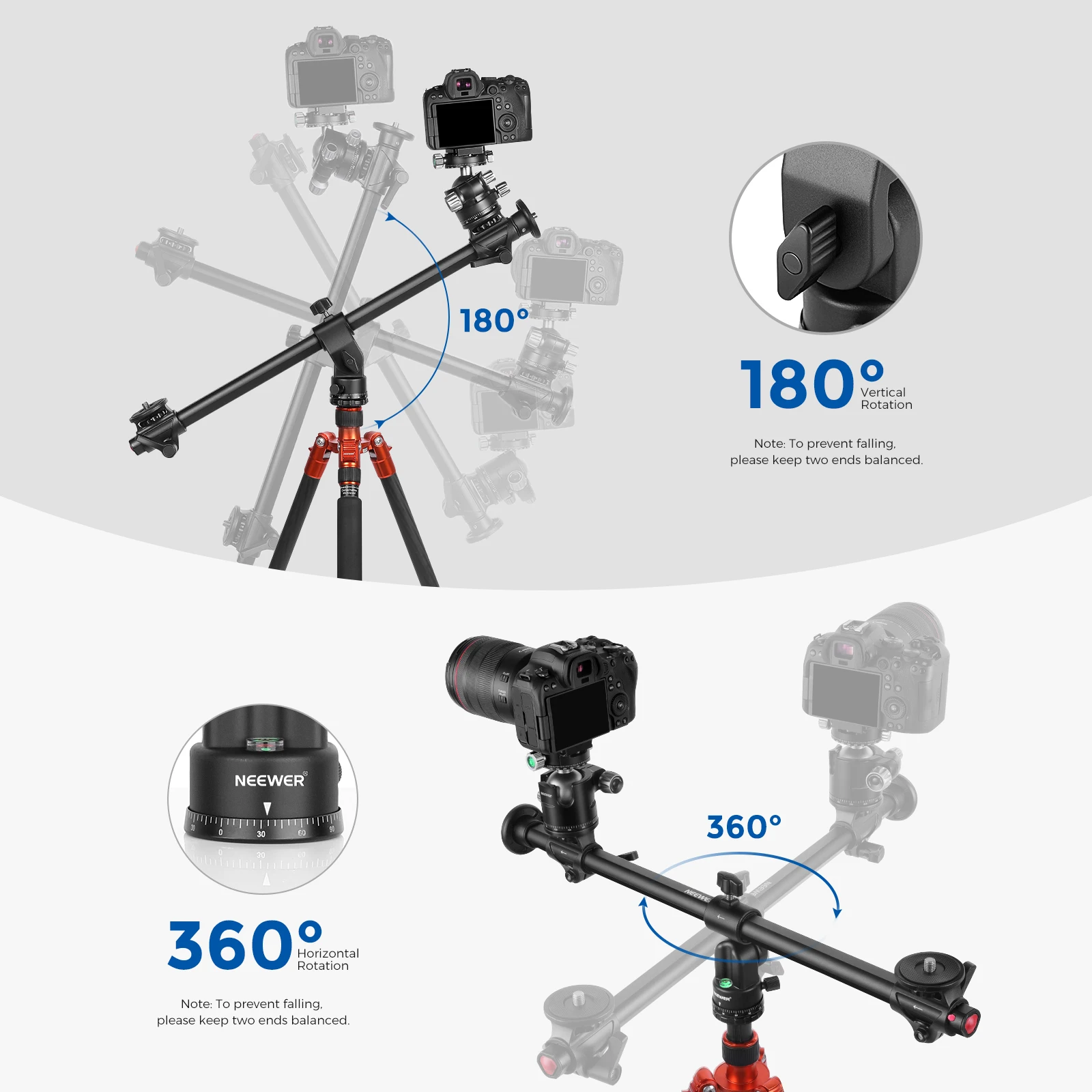 NEEWER 76/62cm Horizontal Tripod Center Axis Aluminum Alloy 360°Rotatable Adjustable Tripod Extension Arm for Camera Photography