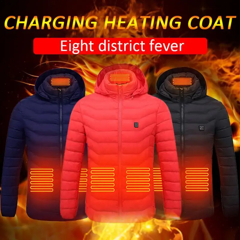 2023 Men Women USB Electric Heated jacket 8 Areas Smart Heating Coat With Cap For Fishing Skiing Motorcycle Winter Warm Clothing