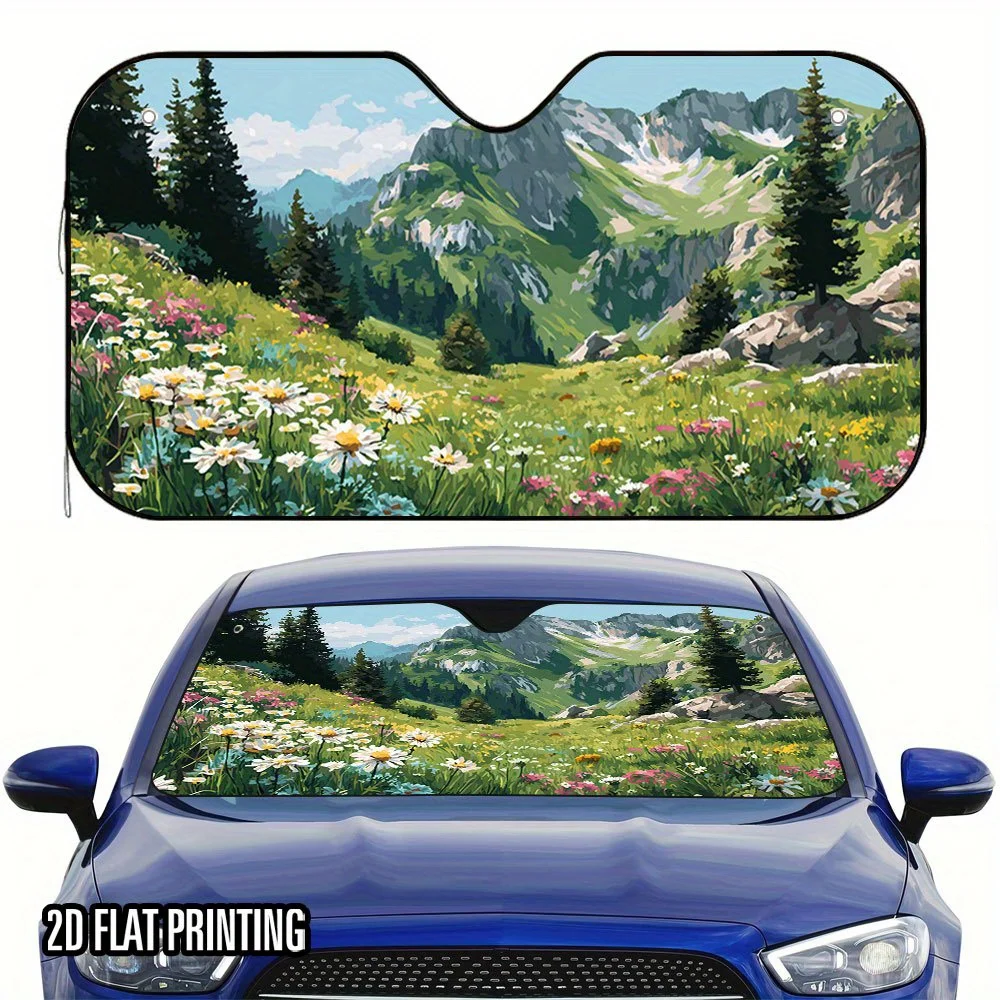

1pc 2D Flat Mountain Meadow Bliss Print Sunshade – Stylish Design, Keeps Your Cool, Easy To Install With 4 Suction Cups, Folda
