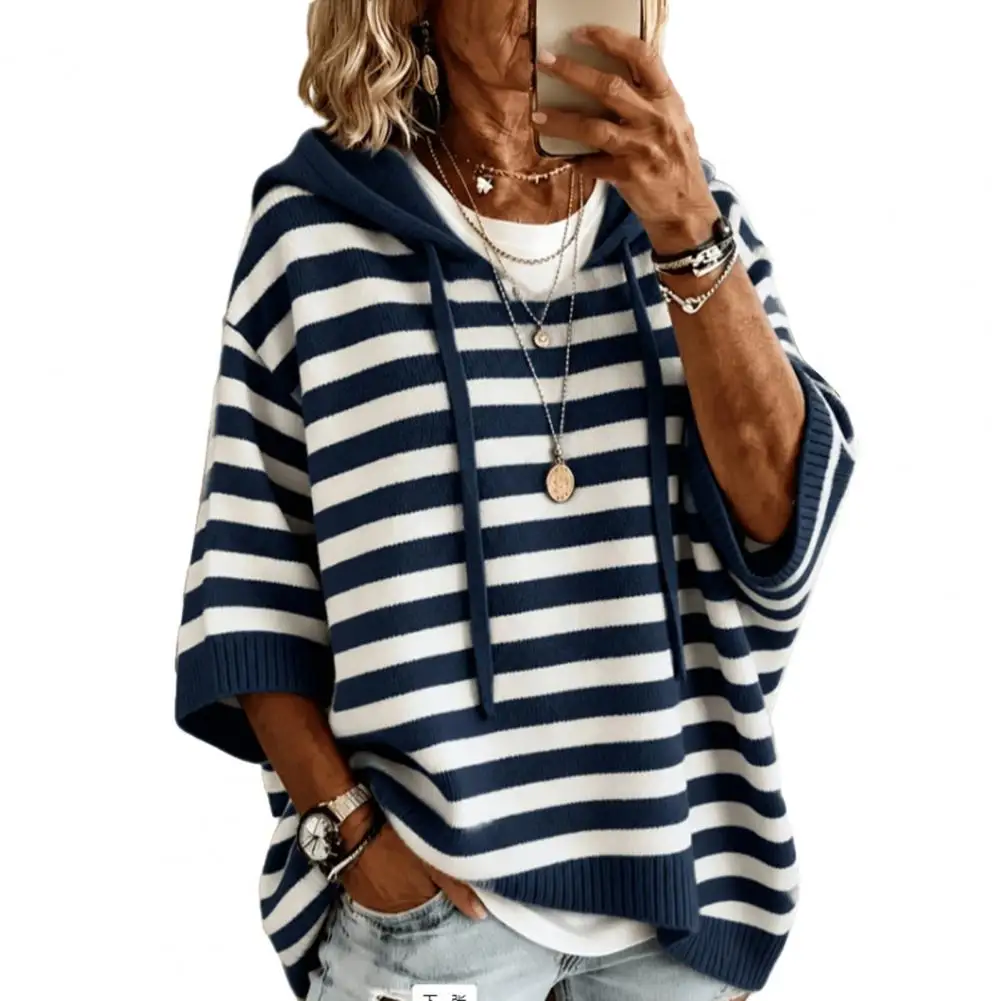 Winter Knit Sweater Women’s Hooded Striped Knit Sweater Loose Half Sleeve Pullover Autumn Winter Drawstring Hoodie for Comfort
