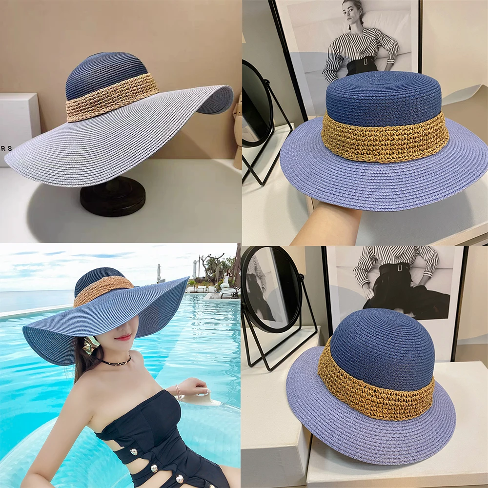 New Beach hat Women\'s large brim color matching sun hat Summer sun protection straw hat Foldable Ladies bucket hat