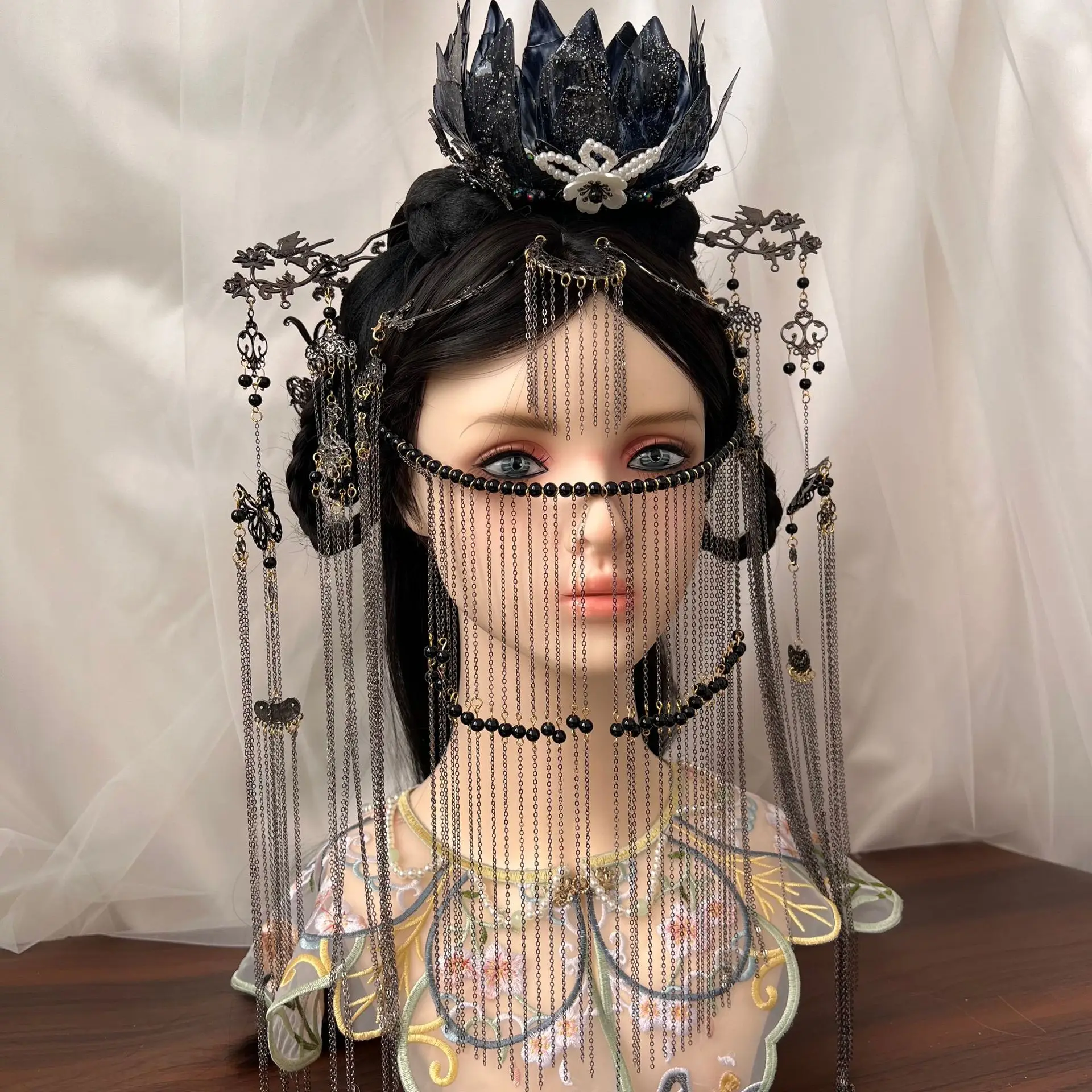 الغربية السوداء الطراز القديم الغريبة نمط الجبين الدانتيل Hanfu سوبر الرقص فتاة شرابة الستار إكسسوارات الشعر البدلة