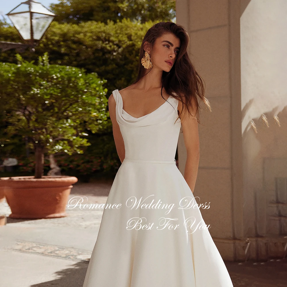 Clássico plissado barco-pescoço a linha vestido de casamento feminino com bolso sem mangas alças espaguete aberto volta vestido de novia personalizado