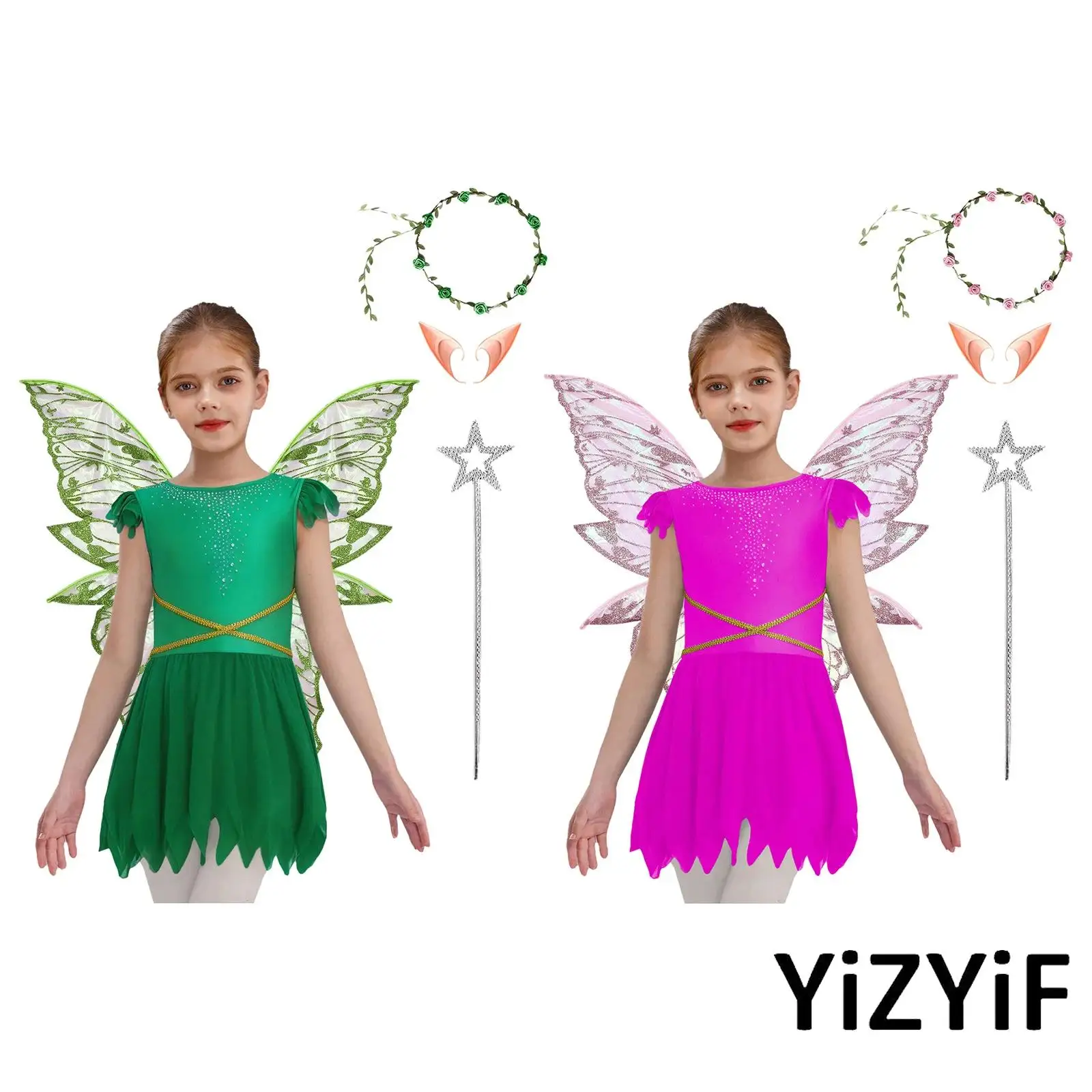 

Enchanted Fairy Costume Set for Girls with Sparkling Rhinestone Dress And Butterfly Wings Ears Star Fairy Stick for Halloween