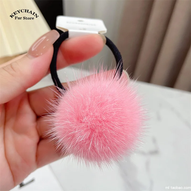 Hair Rope Real Mink Fur Ball Elastic Bands Woman Luxury Genuine Rubber Band Hair Ring Accessories Fur Fluffy Hair Ties Girls