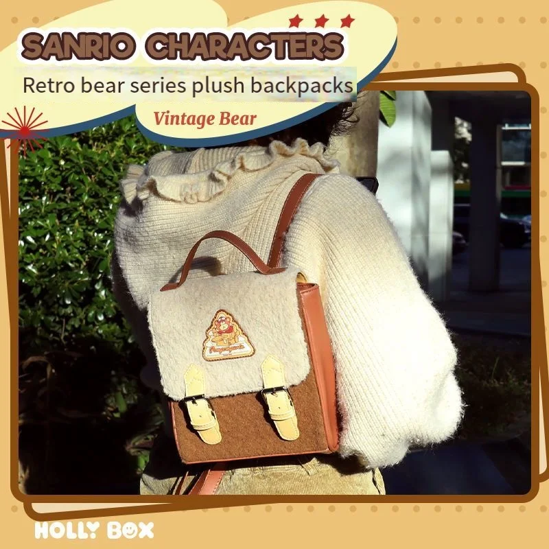 

Sanrio Hello Kitty Cute Retro Plush Splicing Backpack Student Universal Versatile Cartoon Schoolbag College Style Large Capacity