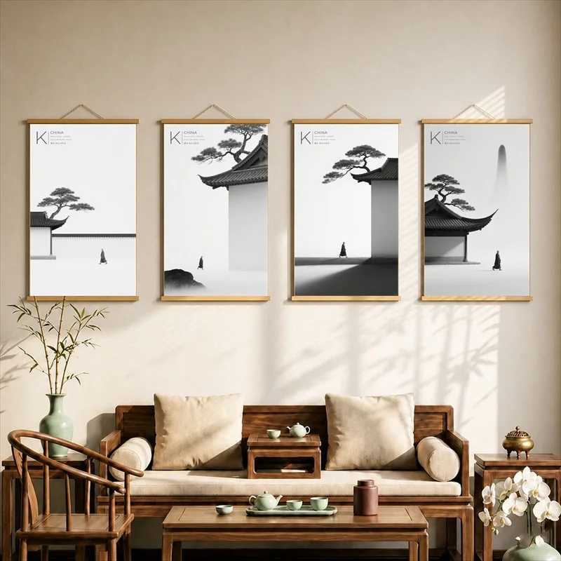 Zen Minimalist Landscape Canvas Wall Art Hanging Scroll Serene Japanese Ink Style Print with Wooden Rods for Living Room