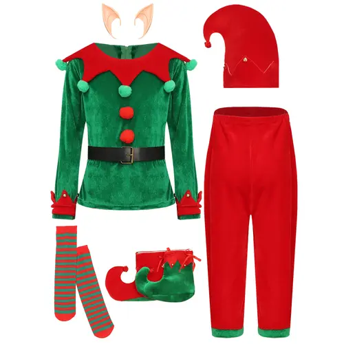 Boys Girls Santa Helper Christmas Costume Elf Role Play Fancy Dress Up Set Elf Ears Belt Stockings and Shoes Covers Outfits - Image 7