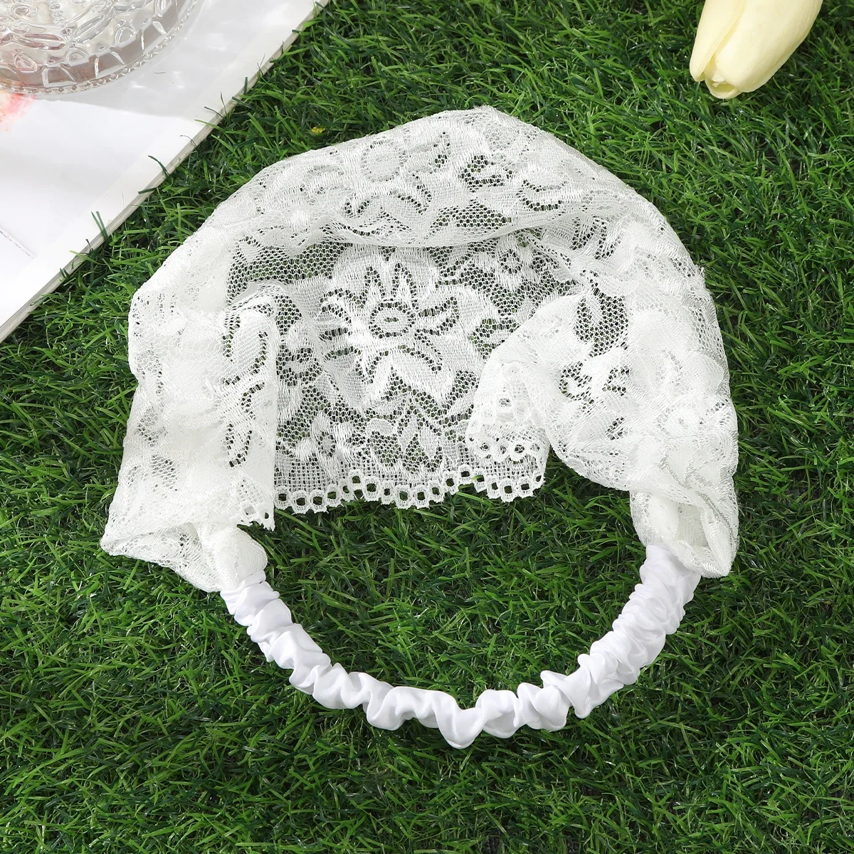 Lenço de cabelo de crochê elástico branco turbante bandana renda oco flor headwrap bandana para mulheres moda acessórios para o cabelo