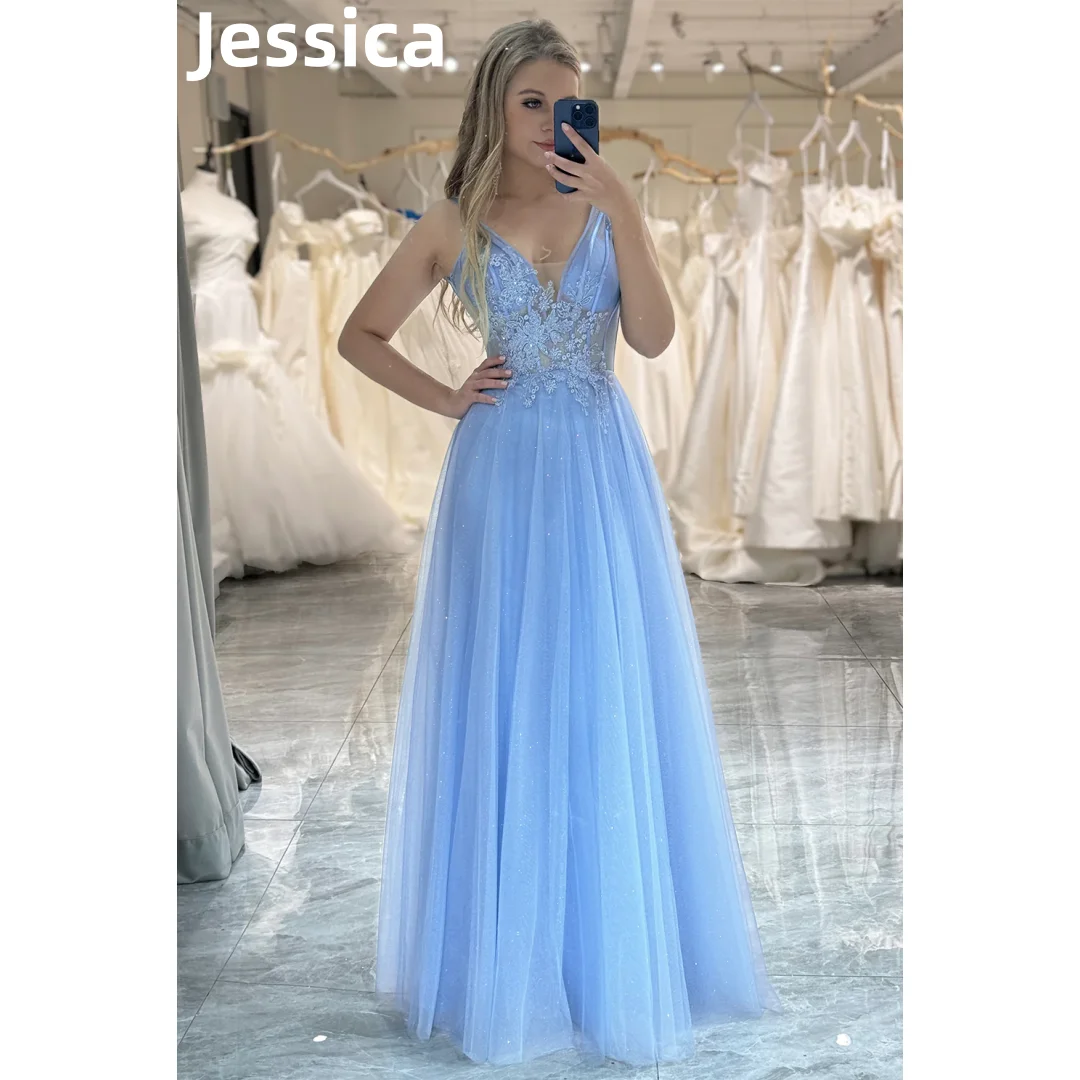 

Jessica Sky Blue Prom Dress Glitter Lace Appliqué Graduation Party Dresses V-neck Tulle Vestidos De Fiesta Elegantes Para Mujer