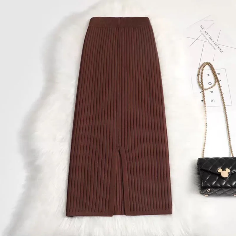 Knitted Skirts for Women Korean Solid Color Slim Split Basic Office Lady Pencil Skirt Ribbed Elastic Package Hip Long Skirt