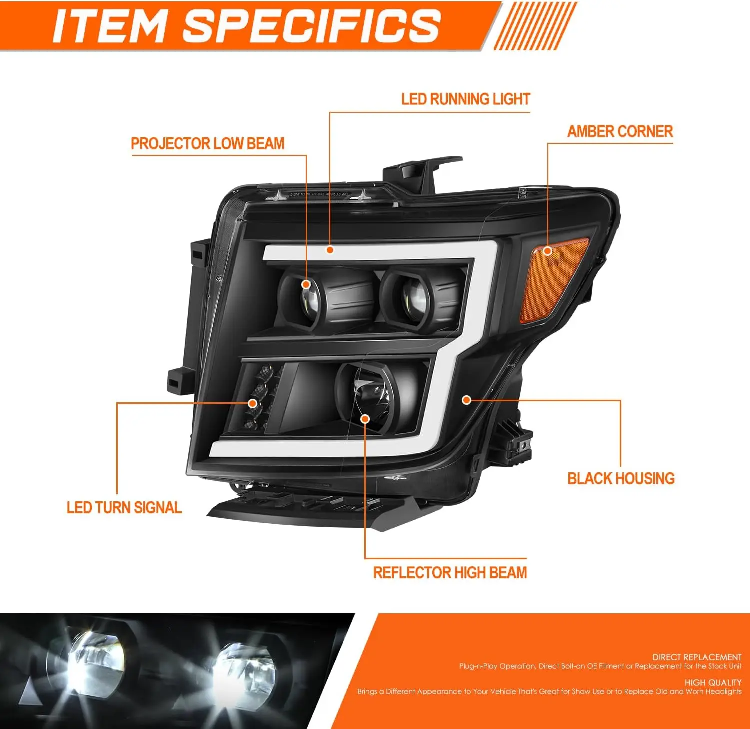 Set of 2 LED Projector Headlamps for 2016-2022 Titan XD, Featuring LED Running Light Bar and Turn Signal, Black Housing with Amb