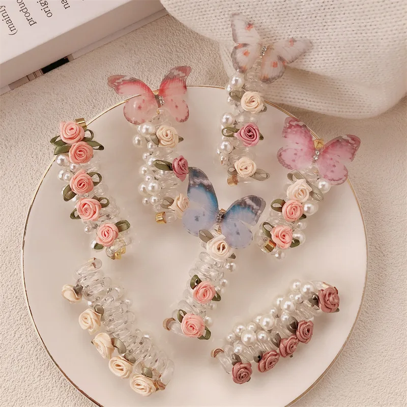 

New Pearl Butterfly Flower Telephone Line Hair Band Bubble Braid Ponytail Headrope High Elastic Rubber Band Hair Accessories