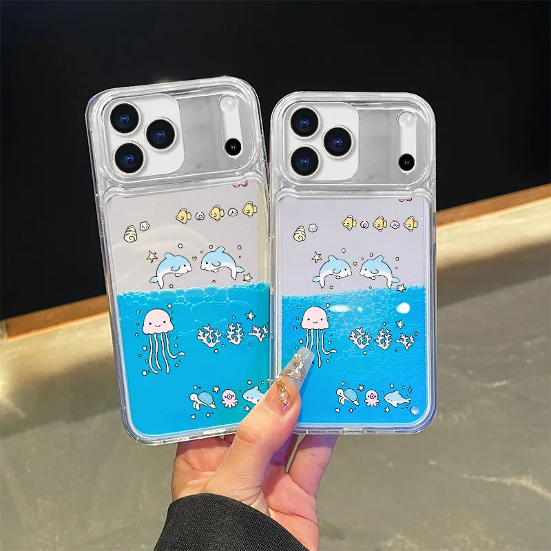 Dolphin jellyfish Floating Liquid Case for IPhone 17 Pro Max 14 16 15 Luxury Dynamic Moving Around Water Cover Clear Hard Fundas view 6