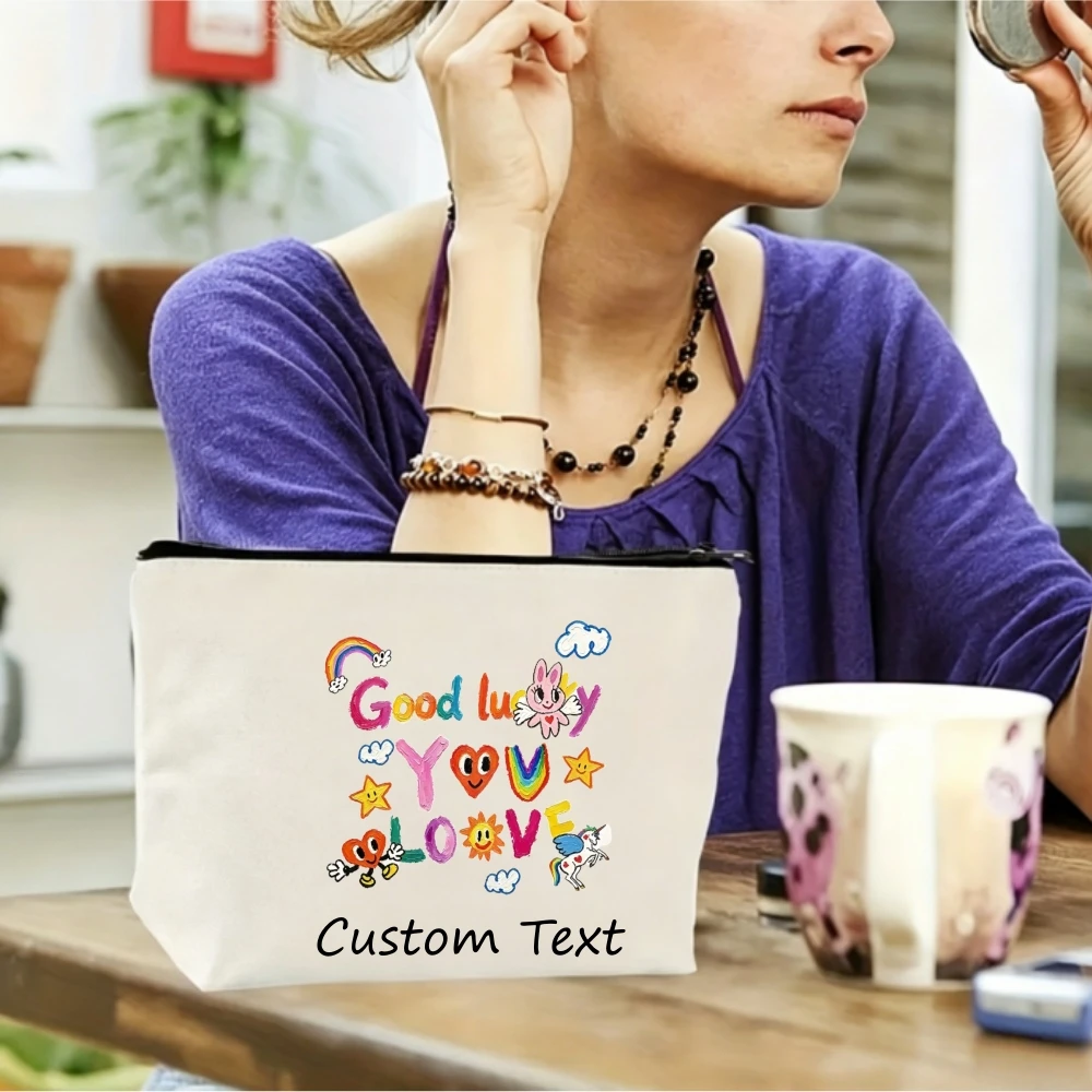 1PC Custom Text Good Luck Love You Rainbow Cartoon Print Cosmetic Bag Personalized Canvas Zipper Makeup Storage Pouch